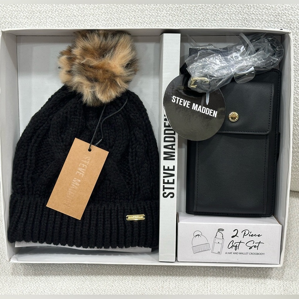 Steve Madden 2 Piece Gift Set~Black Pom Beanie & Black Crossbody Purse~New~$88
